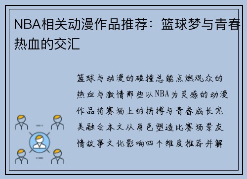 NBA相关动漫作品推荐：篮球梦与青春热血的交汇