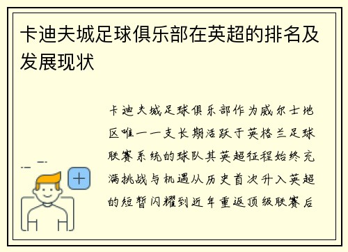 卡迪夫城足球俱乐部在英超的排名及发展现状