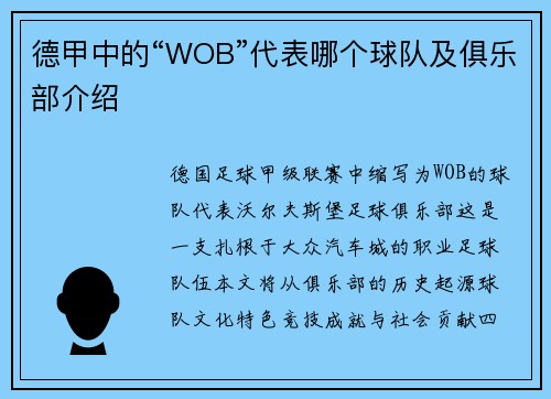 德甲中的“WOB”代表哪个球队及俱乐部介绍
